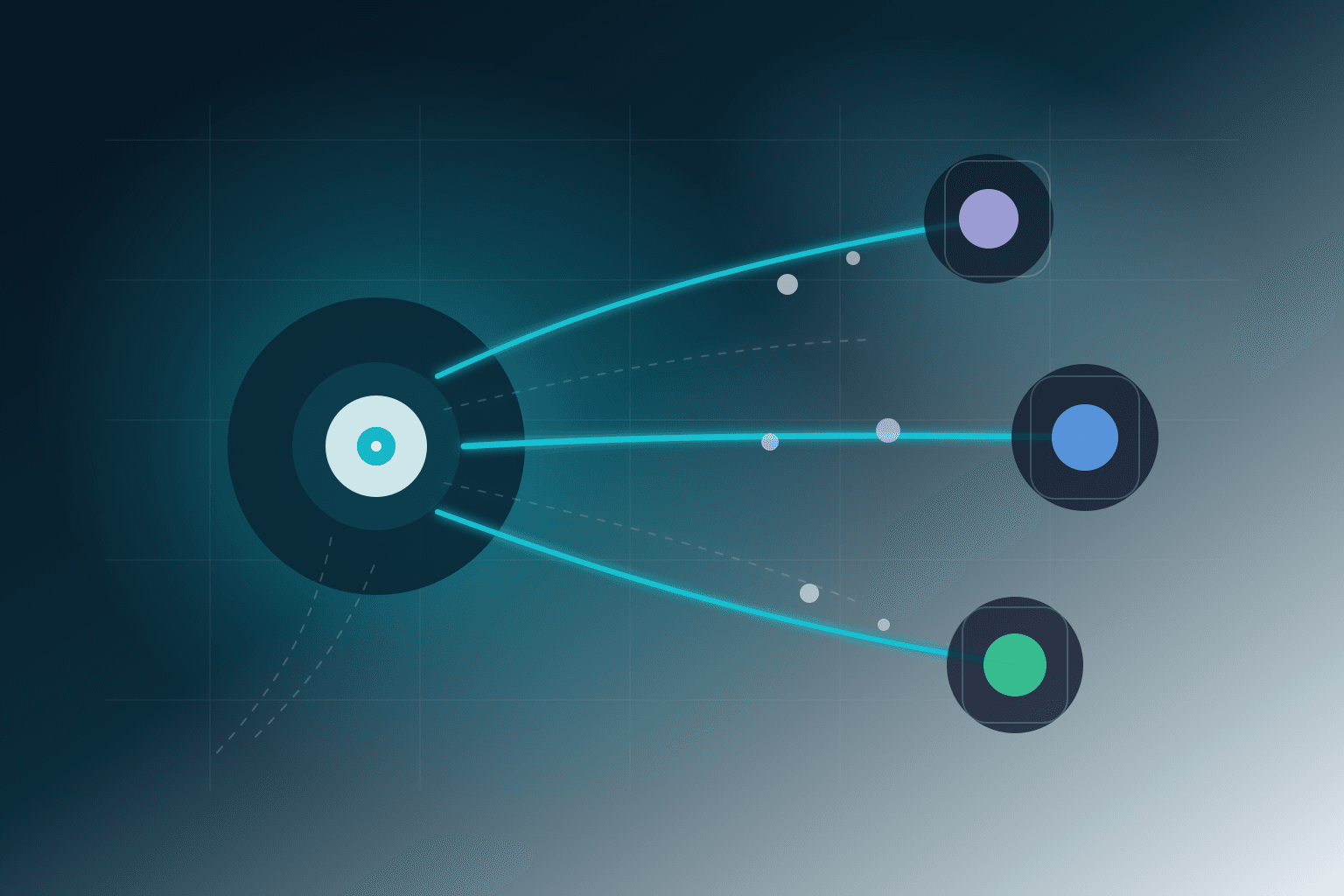 Abstract visualization of one founder orchestrating multiple parallel ventures through a shared AI operating system